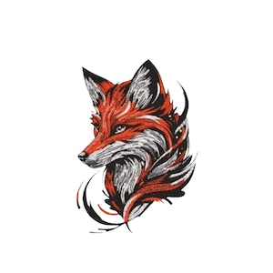 Puede incluir: Ilustración detallada de la cabeza de un zorro, con colores vibrantes rojo, negro y blanco. El zorro se representa de perfil, con detalles intrincados en su pelaje y una mirada enfocada. El diseño tiene una calidad artística estilizada.