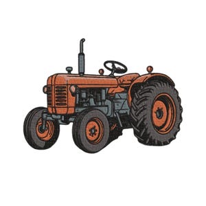 Puede incluir: Ilustración de un tractor vintage naranja y gris. El tractor tiene neumáticos traseros grandes, un neumático delantero pequeño, un volante y una chimenea. La imagen está sobre un fondo blanco.
