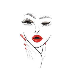 Puede incluir: Dibujo lineal en blanco y negro de un rostro femenino con labios rojos y uñas rojas. Un ojo está abierto, el otro cerrado. El estilo de ilustración es sencillo, con líneas audaces y toques de rojo.