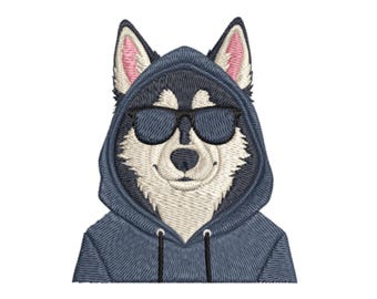 Grappig hondje in hoodie borduurpatroon, hondje met zonnebril borduurontwerp
