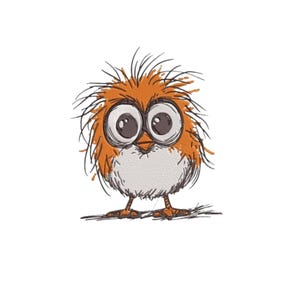 Puede incluir: Ilustración de dibujos animados de un pájaro con ojos grandes y plumas anaranjadas y puntiagudas. El pájaro tiene un pecho blanco y se para sobre dos pies pequeños. El estilo de dibujo utiliza líneas esbozadas, dándole un aspecto juguetón y hecho a mano.
