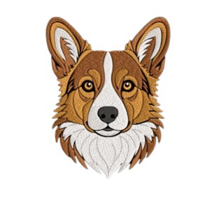 Könnte beinhalten: Ein gestickter Aufnäher mit dem Kopf eines Pembroke Welsh Corgi Hundes. Das Design zeigt ein braunes, lohfarbenes und weißes Fell mit spitzen Ohren, dunklen Augen und einer schwarzen Nase, ausgeführt mit detaillierten Stichen und Konturen.