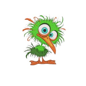 Puede incluir: Un pájaro de dibujos animados caprichoso con plumaje verde brillante y ojos grandes y expresivos. El pájaro tiene un pico y patas naranjas, con mechones de plumas naranjas. El diseño está sobre un fondo blanco, creando una imagen lúdica y llamativa.