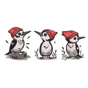 Puede incluir: Tres pájaros carpinteros bordados con gorros rojos. Los pájaros carpinteros son blancos y negros con picos largos. Uno está posado en un pequeño tocón, mientras que los otros están de pie en el suelo con ramitas.