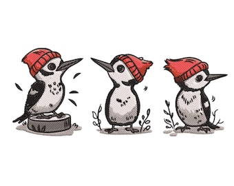 Wintervogeltrio borduurwerk – Spechten in de sneeuw – Machineborduurpatroon