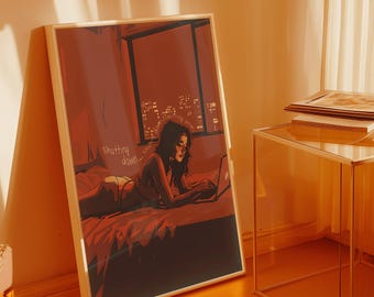 Late Night Void, Woman w/Laptop | Moody Digital Print, Urban Neo-Noir Minimalist Wall Art, Bedroom Decor, Tech Burnout Illustration