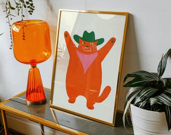 Cowboy Cat - Digital Print | Quirky Western Wall Art, Orange Cat Illustration, Funky Printable Decor for Cat Lovers