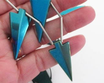 Metallic Teal Blue Arrow Pendant - Hematite Arrowhead Pendant - Long Hematite Arrow Spear Bead - Top Drilled - 5 PCS - Diy Boho Punk Jewelry