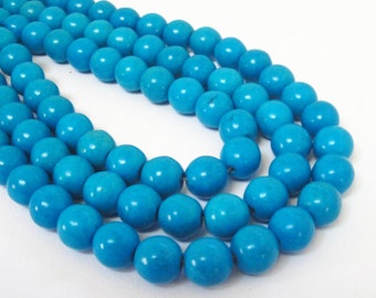 Blue Turquoise Round Beads - Cyan Blue - Center Drilled Howlite - Smooth Round Ball Stone - 10mm - 16" strand - DIY Caribbean Necklace Beads