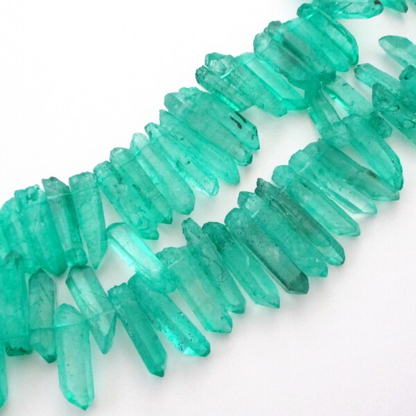 Druzy Spikes - Crystal Quartz Points Beads - Seafoam Green - Pointy Tips - Semiprecious Drilled Stone - 10 Pcs  For Jewelry Making