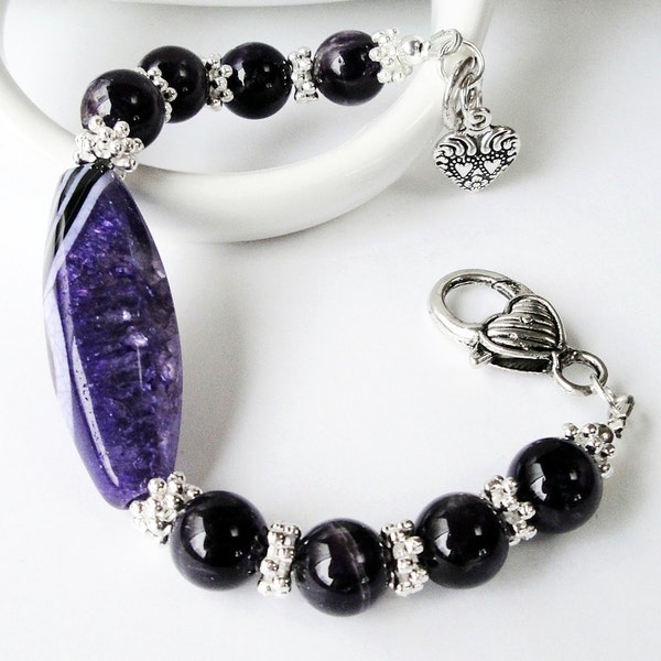 Amethyst Purple Black Large Focal Agate Gemstone Silve Heart Charms  Bracelet Gift Under 50