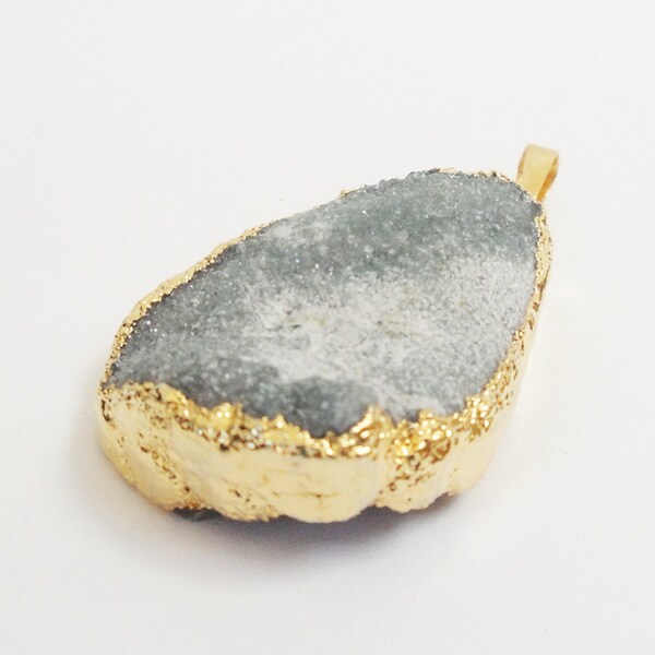 Blue Greyish Natural Agate Druzy Pendant, Grey Drusy Dipped in Gold Teardrop Pendant