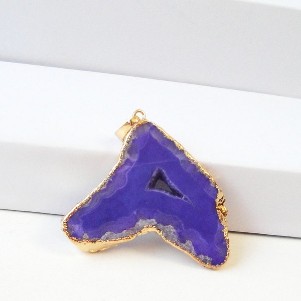 Indigo Purple Druzy Drusy Dipped In Gold Agate Pendant/ Drussy Druzzy Drusy Stone Hollow Center Pendant