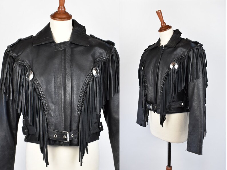 Cropped Black Leather Jacket With Fringe And Conchos Removable Quilted Liner
