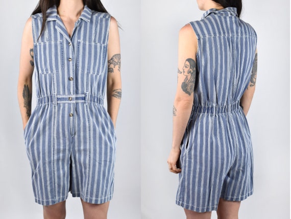striped denim jumpsuit