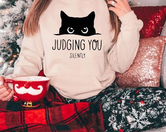 Black Cat Hoodie: Judging You Silently, Womens Funny, Gifts For Cats Lover