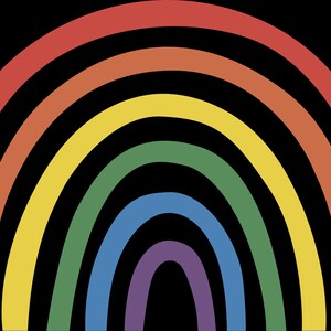 Peut inclure: Illustration d'un arc-en-ciel vibrant sur fond noir. L'arc-en-ciel présente des bandes de rouge, d'orange, de jaune, de vert, de bleu et de violet. Le design est simple et audacieux, avec chaque couleur clairement définie.