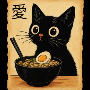 Könnte beinhalten: Illustration einer schwarzen Katze mit großen Augen, die einen Ramen-Teller betrachtet. Die schwarze Schüssel enthält Nudeln, ein Ei und Frühlingszwiebeln. Das japanische Zeichen für "Liebe" befindet sich oben.