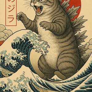 May include: A whimsical illustration depicts a cat-like creature with dorsal fins, roaring atop ocean waves, reminiscent of a Japanese woodblock print. A red sun rises in the background, and Japanese text is in the upper left corner. The color palette includes shades of blue, beige, and red.