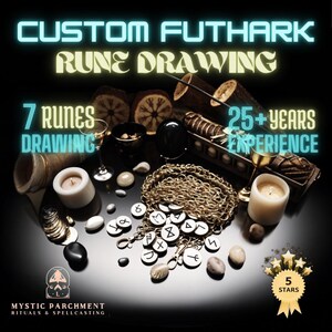 Peut inclure: Image présentant des objets liés au tirage de runes. Le texte indique "CUSTOM FUTHARK RUNE DRAWING", "7 RUNES DRAWING" et "25+ YEARS EXPERIENCE". On y voit des bougies, des pierres et une chaîne dorée avec des symboles runiques. Le logo Mystic Parchment est visible.