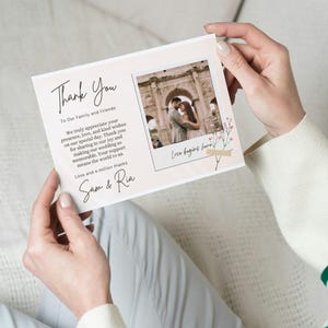 Cartão de agradecimento para casamento com colagem bege e preto | Modelo editável do Canva | Download digital para impressão