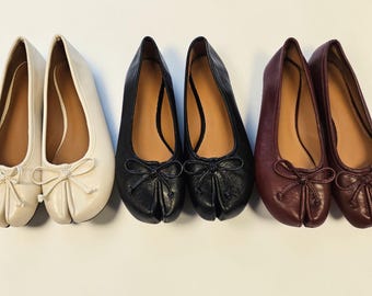 Zapatos planos Tabi hechos a mano para mujer, estilo Mary Jane, zapatos Tabi vintage con abertura en la punta, calzado Tabi, bailarinas, negro, blanco, burdeos.