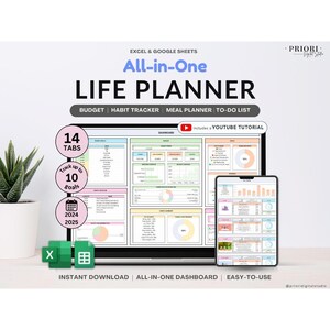 2025 Digital Life Planner for Google Sheets & Excel | All-in-One Budget, Calendar, Habit, Meal Tracker | Spreadsheet Organizer
