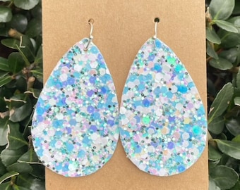 Blue Glitter Earrings, Blue and White Earrings, Ladies Teardrop Earrings, Sparkly Earrings, Dangly Earrings, Women's Teardrop Earrings