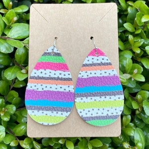 Neon Striped Earrings, Ladies Neon Earrings, Faux Leather Earrings, Teardrop Earrings, Neon and Black Earrings, Fluorescent Earrings