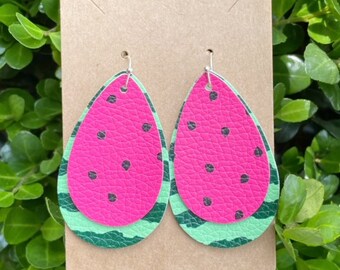 Watermelon Earrings, Summer Earrings, Teardrop Earrings, Faux Leather Earrings, Dangly Earrings, Ladies Earrings, Watermelon Jewelry