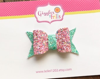 Pink and Aqua Hair Bow, Glitter Bow, Sparkly Hair Clip, Cupcake Sprinkles Hair Clip, Glitter Hair Clip, Toddler Hair Clip, Glitter Hair Bow