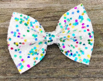 Colorful Confetti Hair Bow, White Confetti Bow, Sparkly Glitter Bow, Toddler Bow, Colorful Glitter Bow, White Hair Bow, Glitter Hair Bows