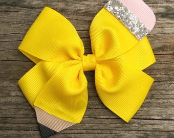Pencil Hair Bow, Back to School Hair Bow, First Day of School Bow, Yellow Pencil Hair Clip, Kindergarten Hair Bow, Preschool Hair Bow