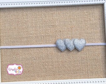 Silver Baby Headband, Glitter Headbands, Silver Sparkly Headband, Silver Heart Headband, Toddler Headband, Newborn Headband, Photo Prop