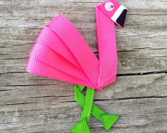 Flamingo Hair Clip, Pink Flamingo Hair Clip, Flamingo Ribbon Hair Clip, Toddler Hair Clip, Zoo Animal Hair Clip, Summer Hair Bow