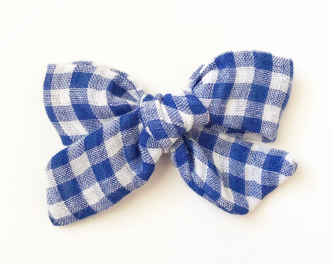 Blue Gingham Bow Fabric Hair Bows Blue and White Plaid Bow Etsy