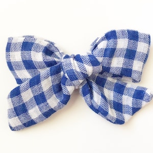 Blue Gingham Bow, Fabric Hair Bows, Blue and White Plaid Bow, Toddler Bow, Girls Fabric Bows, Toddler Bow, Hand Tied Bow, School Girl Bow