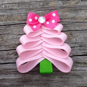 Pink Christmas Tree Hair Clip, Christmas Hair Clips, Toddler Hair Bows, Christmas Tree Ribbon Hair Clip, Girls Hair Accessories image 1