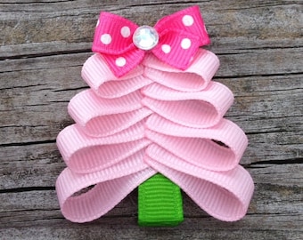 Pink Christmas Tree Hair Clip, Christmas Hair Clips, Toddler Hair Bows, Christmas Tree Ribbon Hair Clip, Girls Hair Accessories