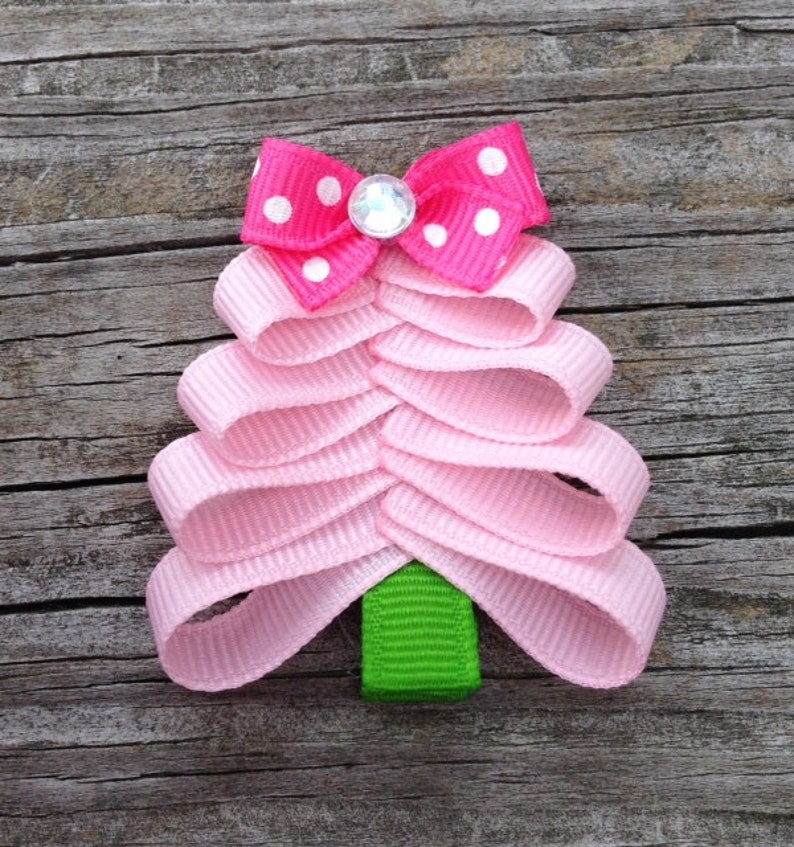 Pink Christmas Tree Hair Clip, Christmas Hair Clips, Toddler Hair Bows, Christmas Tree Ribbon Hair Clip, Girls Hair Accessories image 1