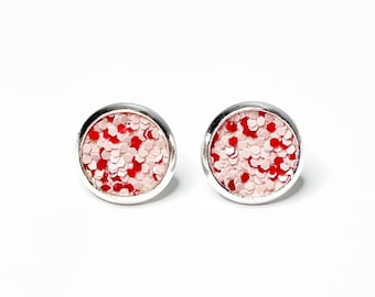 Pendientes de brillo rosa y rojo, Pendientes de pernos de señora, Pendientes de San Valentín, Pendientes de semental, Joyas de San Valentín, Pernos de purpurina, Día de San Valentín