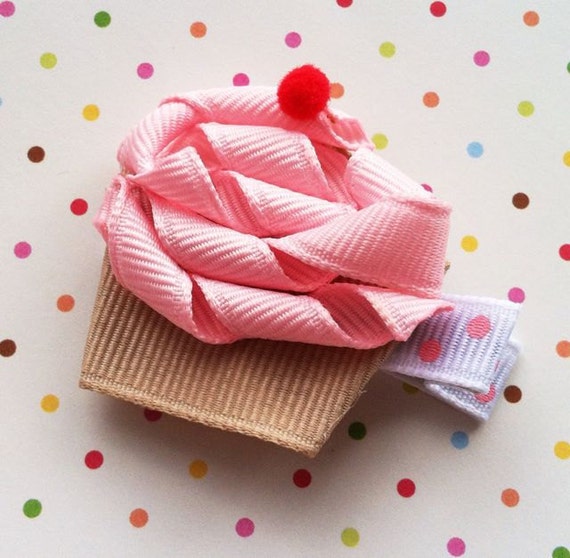 NEW /"PINK CUPCAKE/" Hairbow Alligator Clip Girls Ribbon Sculpture Bows Birthday