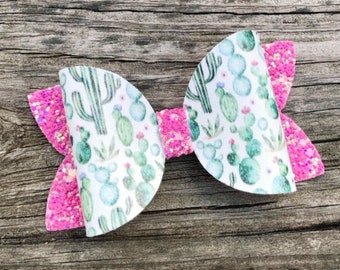 Cactus Hair Bow, Pink and Green Cactus Bow, Cactus Hair Clip, Sparkly Cactus Bow, Toddler Bow, Girls Hair Bows, Cactus Headband, Glitter Bow