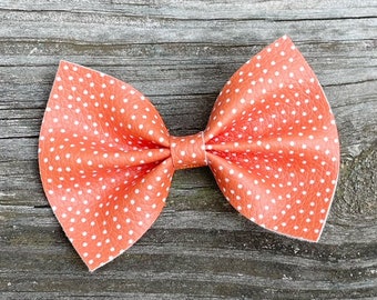 Orange and White Polka Dot Bow, Leather Bows, Burnt Orange Bow, Pumpkin Orange Bow, Toddler Hair Bows, Faux Leather Bow, Girls Orange Bow