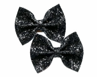 Black Pigtail Bows, Glitter Pigtail Bows, Piggie Bows, Bows for Pigtails, Sparkly Pigtail Bows, Toddler Pigtail Clips, Pigtail Hair Bows