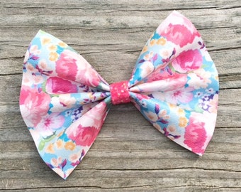 Pink Floral Hair Bow, Blue and Pink Hair Bow, Leather Bow, Pink Flower Bow, Faux Leather Bow, Toddler Hair Bow, Leather Flower Bow