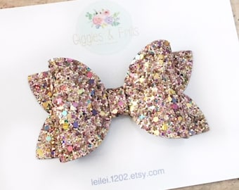 Gold Glitter Bow, Gold Sparkly Bow, Toddler Hair Bow, Glitter Barrette, Glitter Bow Headband, Gold Hair Clip, Girls Glitter Bow