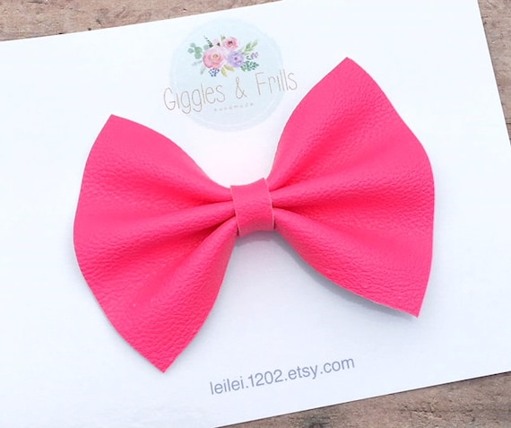 Neon Pink Hair Bow, Fluorescent Pink Bow, Leather Bows, Bright Pink Hair Bow, Girls Neon Bows, Faux Leather Bow, Electric Pink Bow