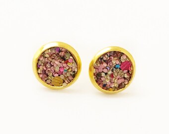 Gold Glitter Earrings, Colorful Gold Earrings, Ladies Stud Earrings, Glitter Stud Earrings, Ladies Studs, Sparkly Gold Earrings