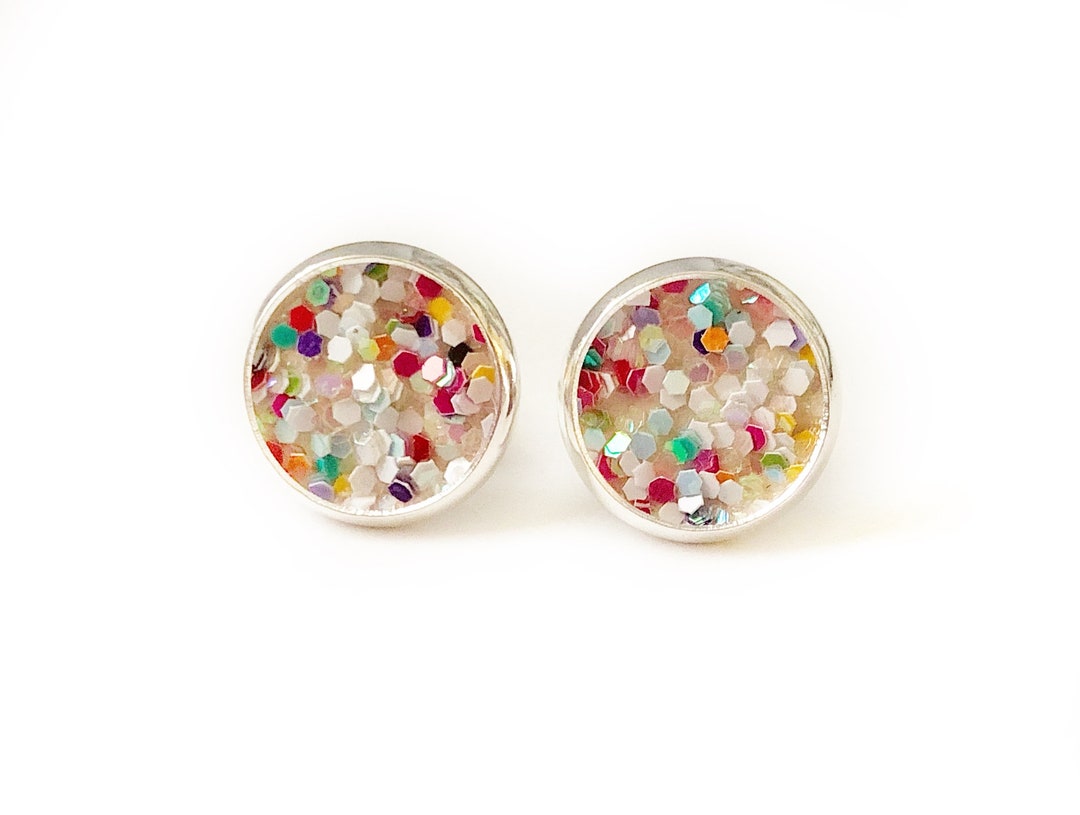 Rainbow Confetti Glitter Earrings, Ladies Stud Earrings, Sparkly